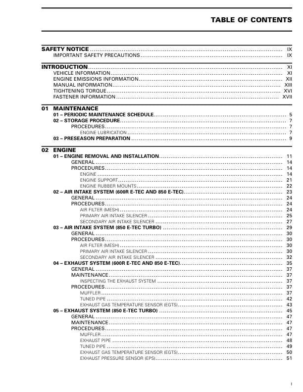 Skidoo Summit Freeride 600 850 900 Snowmobile Service Manual table of contents