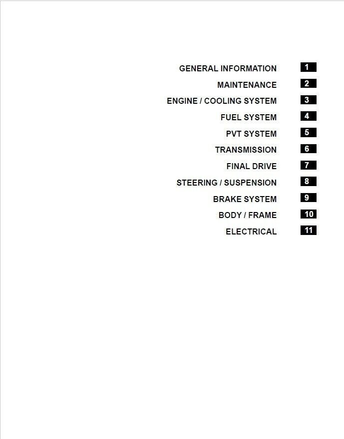 Polaris RZR 900 EPS S XC UTV Service Manual table of contents