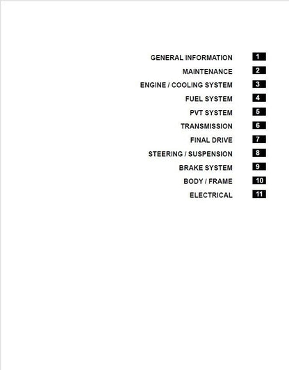 Polaris RZR 900 EPS S XC UTV Service Manual table of contents