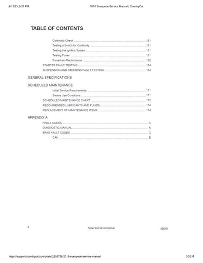 Textron (Arctic Cat) Stampede 900 UTV Service Manual table of contents