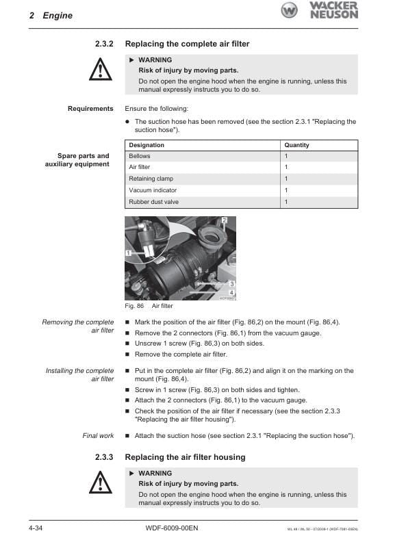 Wacker Neuson WL 48 50 Wheel Loader Service Manual sample page with diagrams and specifications