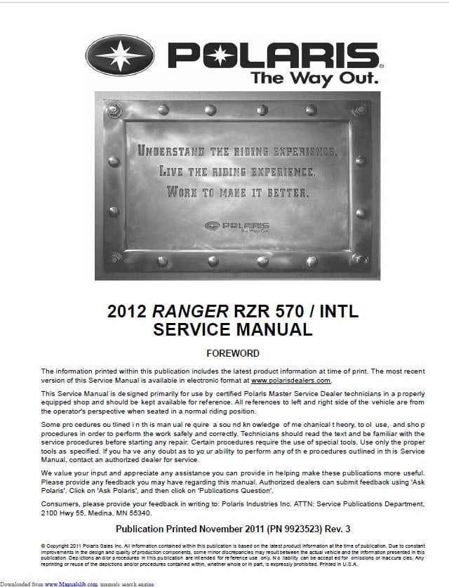 Polaris RZR 570 UTV Service Manual factory service manual title page