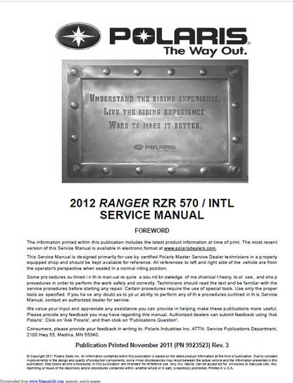 Polaris RZR 570 UTV Service Manual factory service manual title page