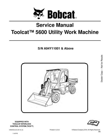 Bobcat Toolcat 5600 Utility Work Machine Service Manual factory service manual title page