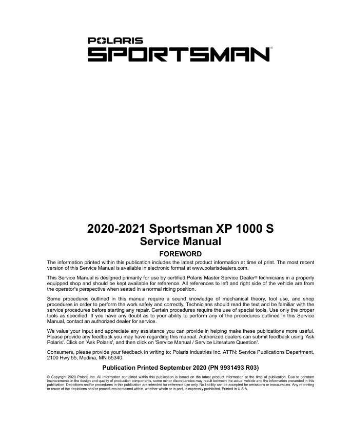 Polaris Sportsman XP 1000 ATV Service Manual factory service manual title page