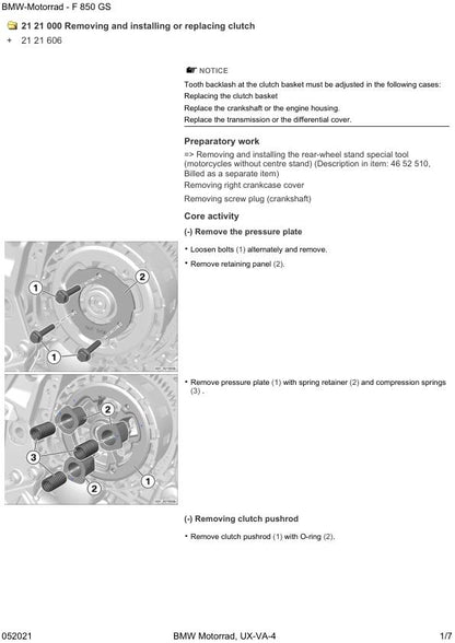BMW F850 GS K81 Motorcycle Service Manual sample page with technical illustrations