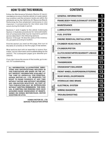 Honda XR 400 R Motorcycle Service Manual table of contents