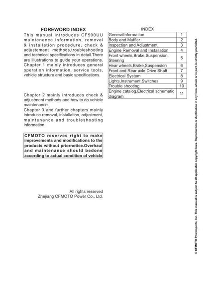 CFMOTO UFORCE 500 UTV Service Manual table of contents