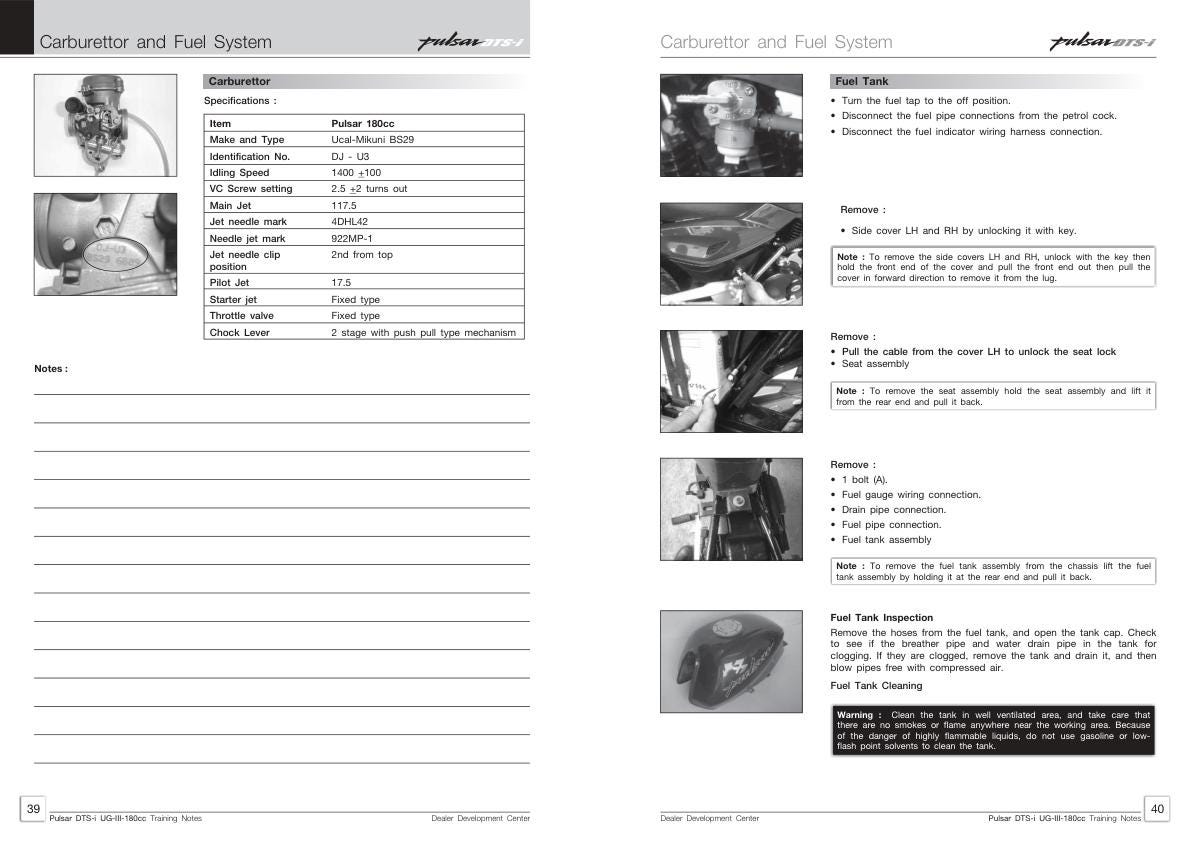Baja Pulsar DTSi 180 Motorcycle Service Manual sample page with diagrams and specifications