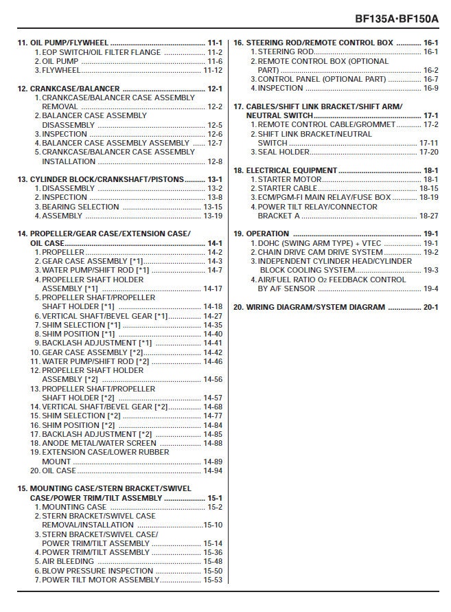 Honda BF135A BF150A Outboard Service Manual sample page with diagrams and specifications