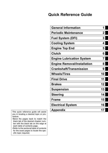 Kawasaki KX450F Motorcycle Service Manual table of contents