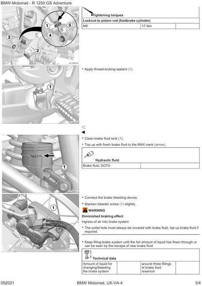 BMW R1250 GS Adventure K51 Motorcycle Service Manual sample page with service data and tables