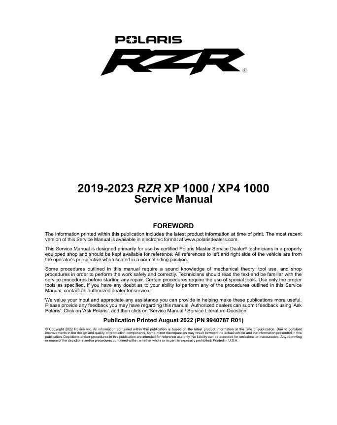 Polaris RZR XP 1000 UTV Service Manual factory service manual title page