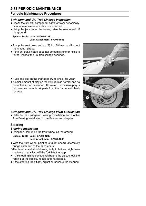 Kawasaki KX 250 KX250F Service Manual sample page with diagrams and specifications