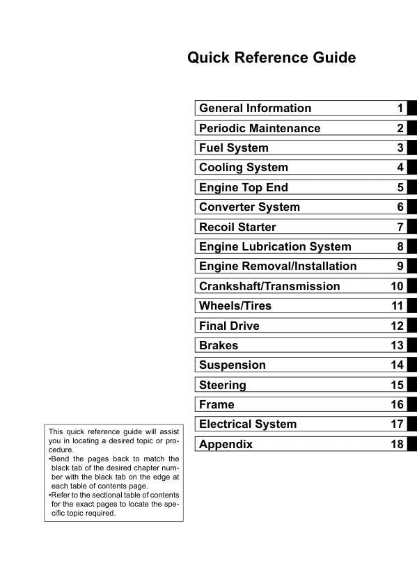 Kawasaki Brute Force 750 KVF750 ATV Service Manual table of contents