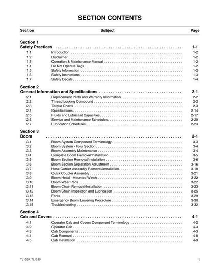 Caterpillar TL 1055 1255 Telehandler Service Manual table of contents
