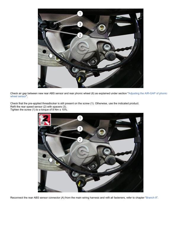 Ducati Monster 937 Plus Motorcycle Service Manual sample page with diagrams and specifications