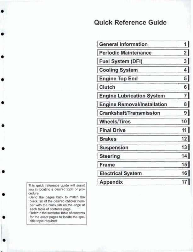Kawasaki Ninja EX 400 GJ Motorcycle Service Manual table of contents