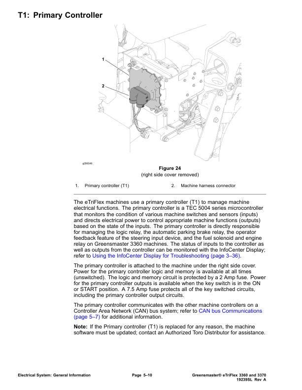 Toro 3360 3370  Greensmaster eTriFlex Mower Service Manual sample page with diagrams and specifications