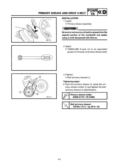 Yamaha SRX 600 700 Snowmobile Service Manual sample page showing repair procedures
