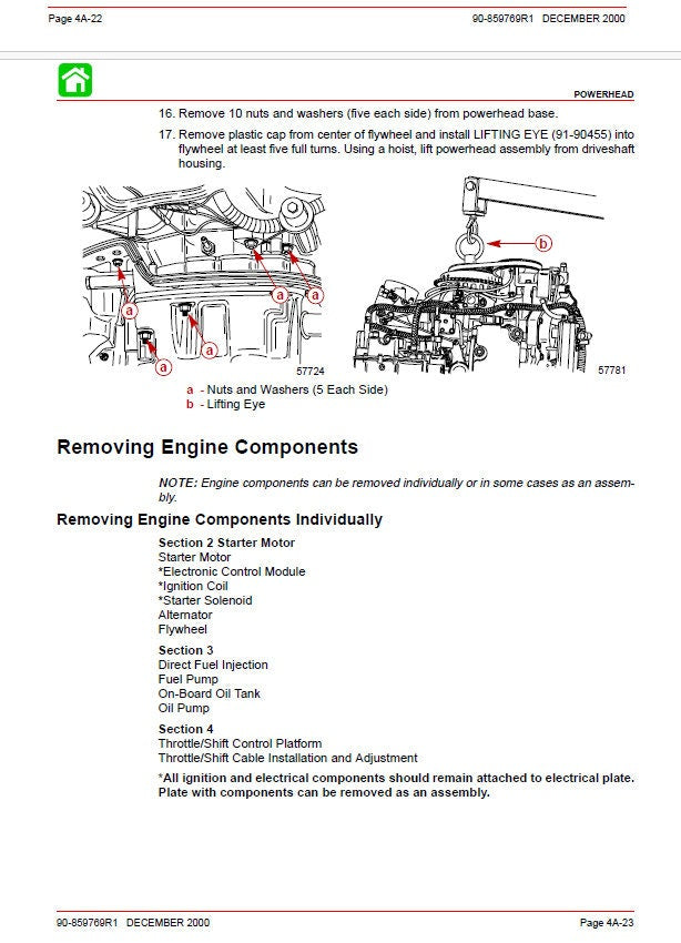 Mercury OptiMax 200 225 Outboard Service Manual sample page with diagrams and specifications