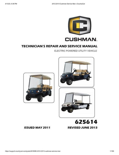Cushman Electric Shuttle 2 4 6 Golf Cart Service Manual 2012-2013 - Service Manual PDF Instant Download