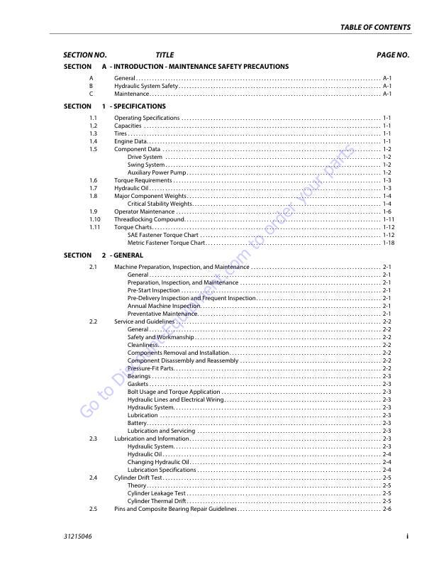 JLG 800 AJ Articulated Boom Lift Service Manual table of contents