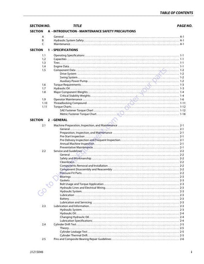 JLG 800 AJ Articulated Boom Lift Service Manual table of contents