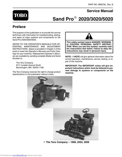 Toro Sand Pro 2020 3020 5020 Mower Service Manual factory service manual title page