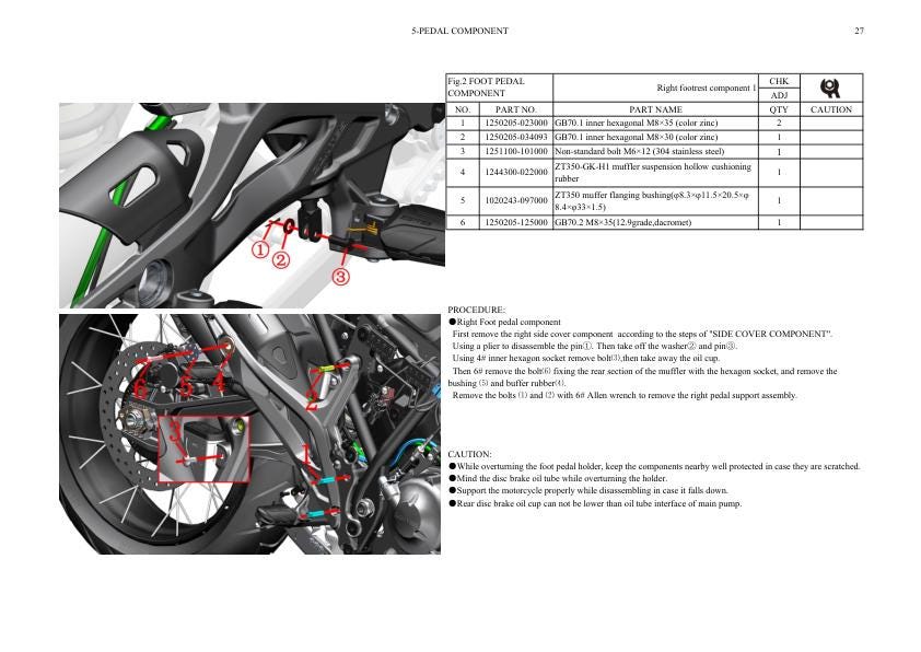 Zontes ZT350 GK R S T Euro XV X Motorcycle Service Manual sample page showing repair procedures