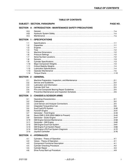 JLG 3394 4394 RT Scissor Lift Service Manual table of contents