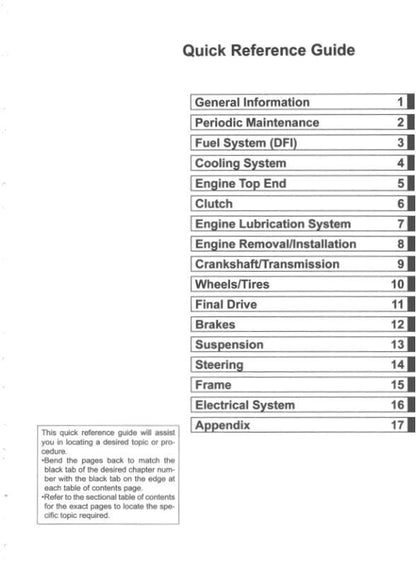 Kawasaki KX 250 KX250X Motorcycle Service Manual table of contents