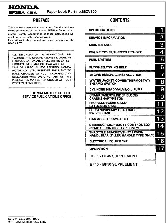 Honda BF35A BF40A BF45A BF50A Outboard Service Manual table of contents