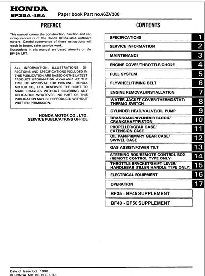 Honda BF35A BF40A BF45A BF50A Outboard Service Manual table of contents
