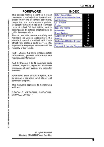 CFMOTO UFORCE 600 Service Repair Manual table of contents