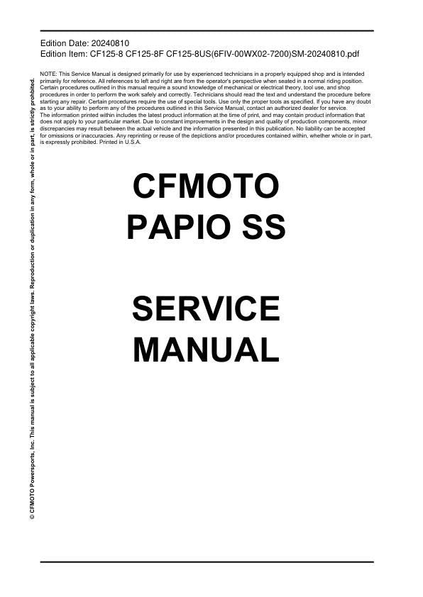 CFMOTO PAPIO SS 125 Service Manual table of contents