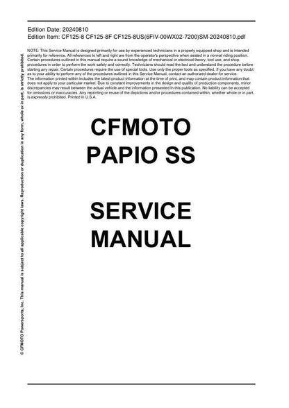 CFMOTO PAPIO SS 125 Service Manual table of contents