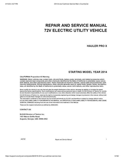 Cushman Hauler Pro X 72V Service Manual factory service manual title page