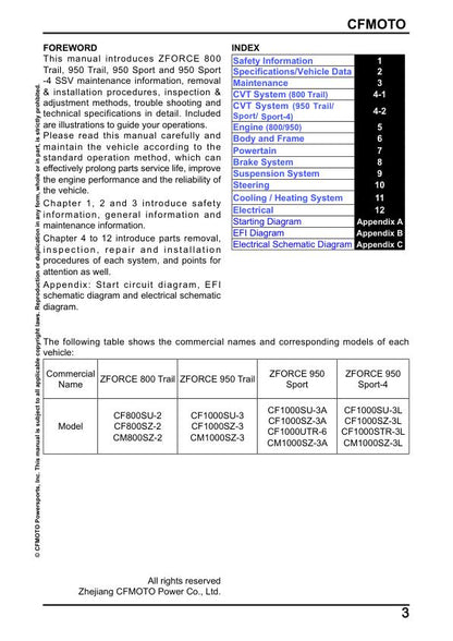 CFMOTO ZFORCE 800 950 Touring Trail Sport-4 UTV Service Manual table of contents