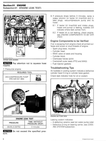 Skidoo Summit Freeride MXZ Renegade 600 850 Snowmobile Service Manual sample page with service data and tables