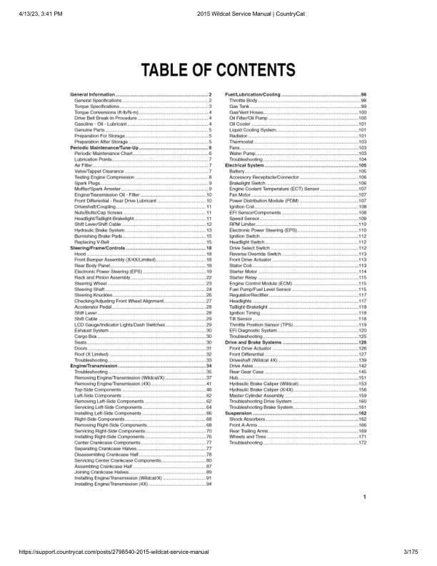 Arctic Cat Wildcat UTV Service Manual table of contents
