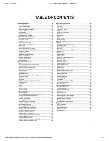 Arctic Cat Wildcat UTV Service Manual table of contents