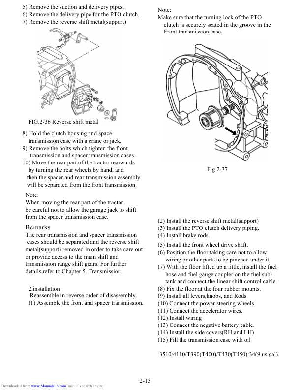 TYM T390 HST Tractor Service Manual table of contents