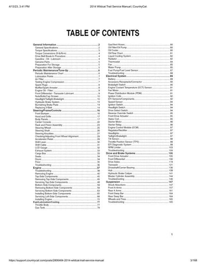 Arctic Cat Wildcat Trail UTV Service Manual table of contents