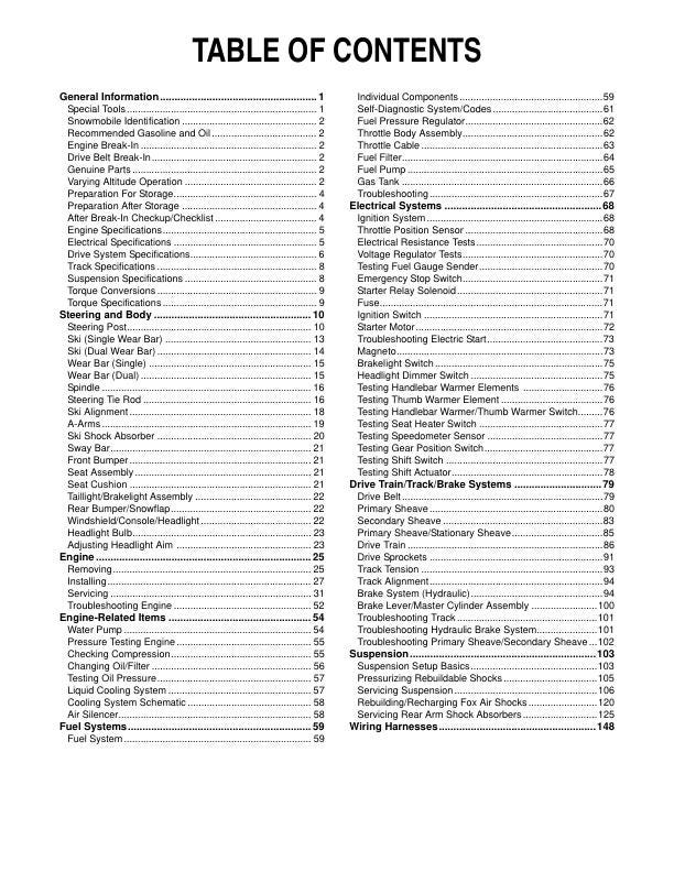 Yamaha SR Viper Snowmobile Service Manual table of contents