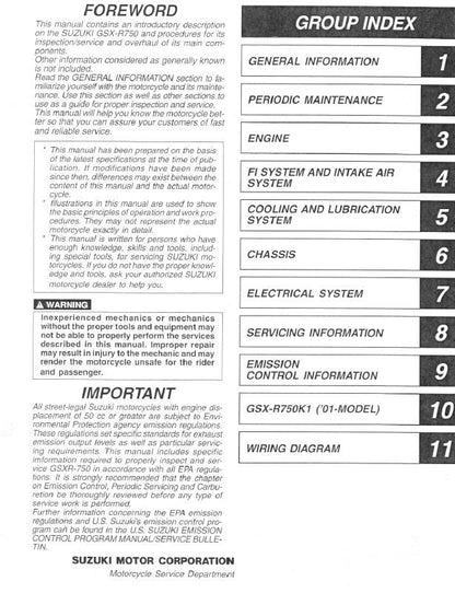 Suzuki GSX-R750 Motorcycle Service Manual table of contents