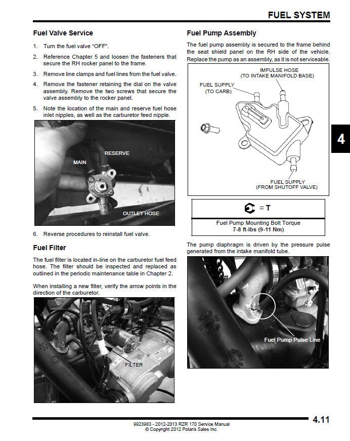 Polaris RZR 170 UTV Service Manual sample page with diagrams and specifications