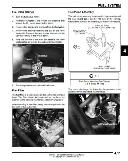 Polaris RZR 170 UTV Service Manual sample page with diagrams and specifications