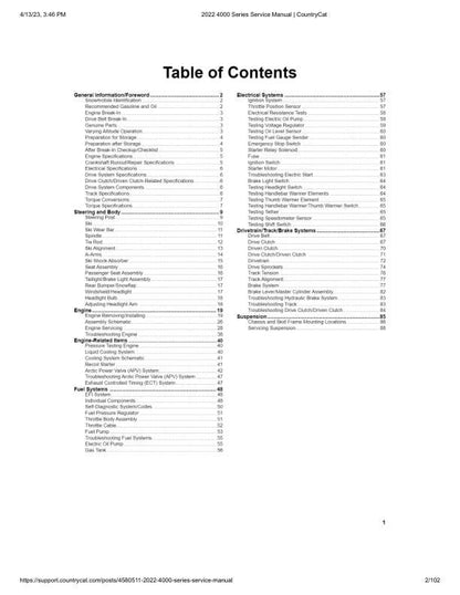 Arctic Cat Blast ZR LT M XR 4000 Snowmobile Service Manual table of contents