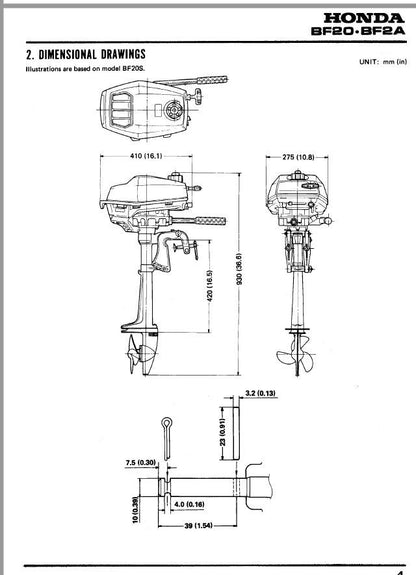 Honda BF2A Outboard Service Manual sample page with diagrams and specifications